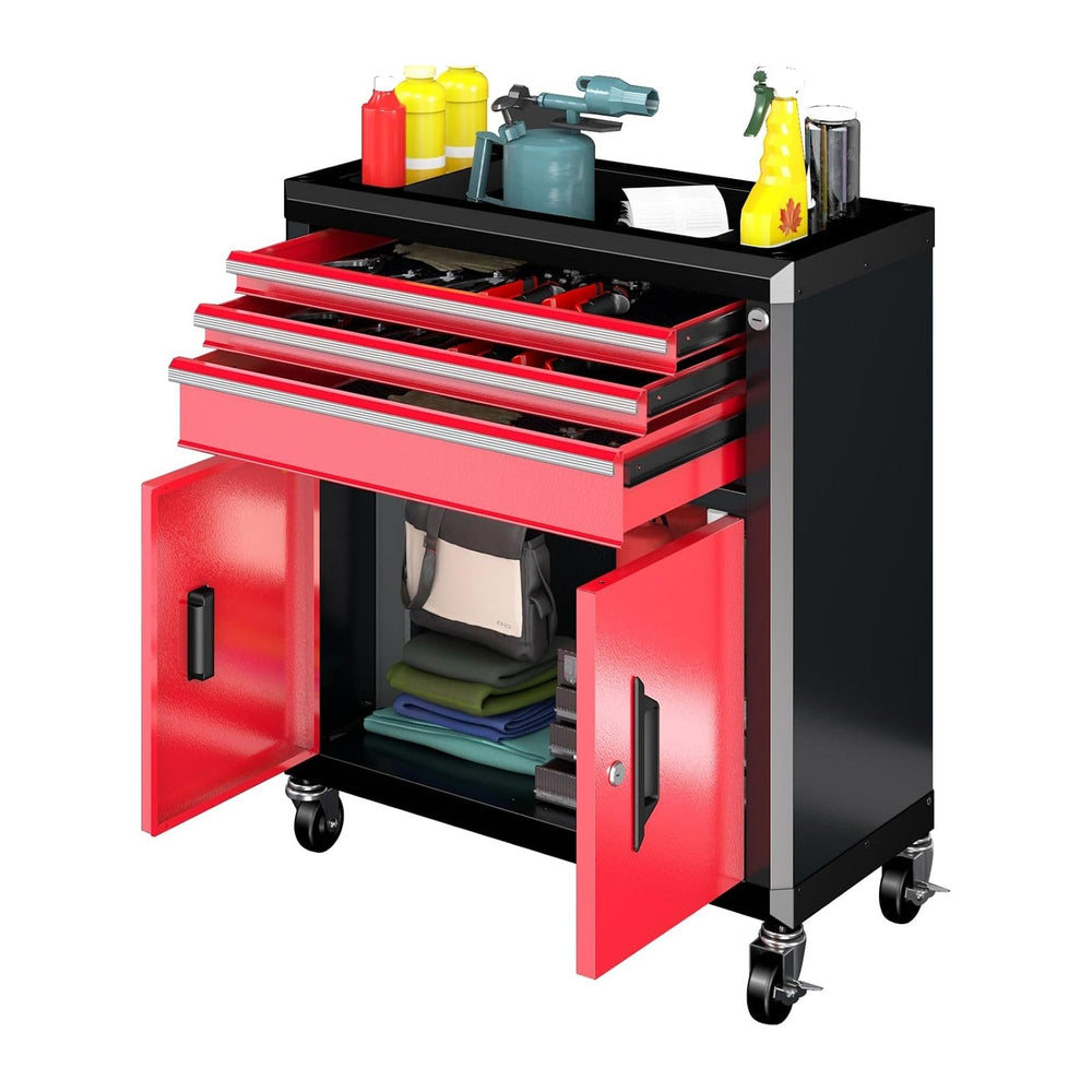 LARBANKE Rolling Tool Chest - 3 Drawers & 2 Doors,with Wheels&Lock,Li...
