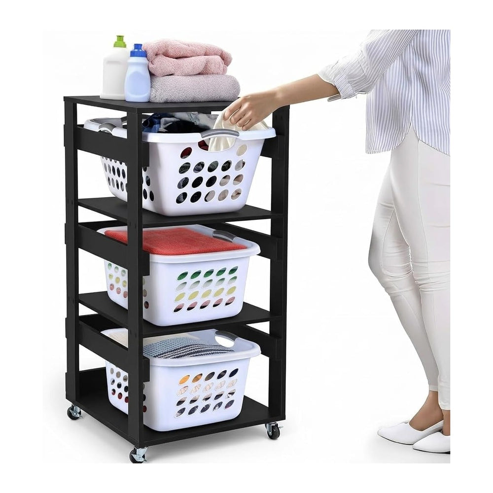 Laundry Basket Holder Shelf, Stackable Laundry Sorter (Black, 3 Tier)