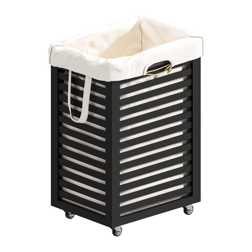 Laundry Basket with Wheels, Rolling Laundry Hamper, Bamboo Wood Laundry Cart ...