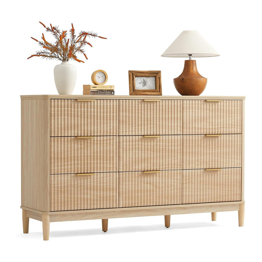 LINSY Fluted Dresser for Bedroom with 9 Drawers, Mid Century Modern Chest of ...
