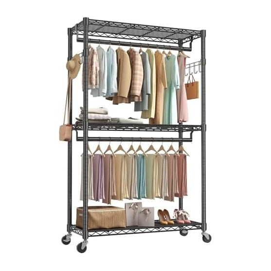NEWBULIG Heavy Duty Clothing Rack with Wheels, 3-Tier Adjustable Wire Garment...