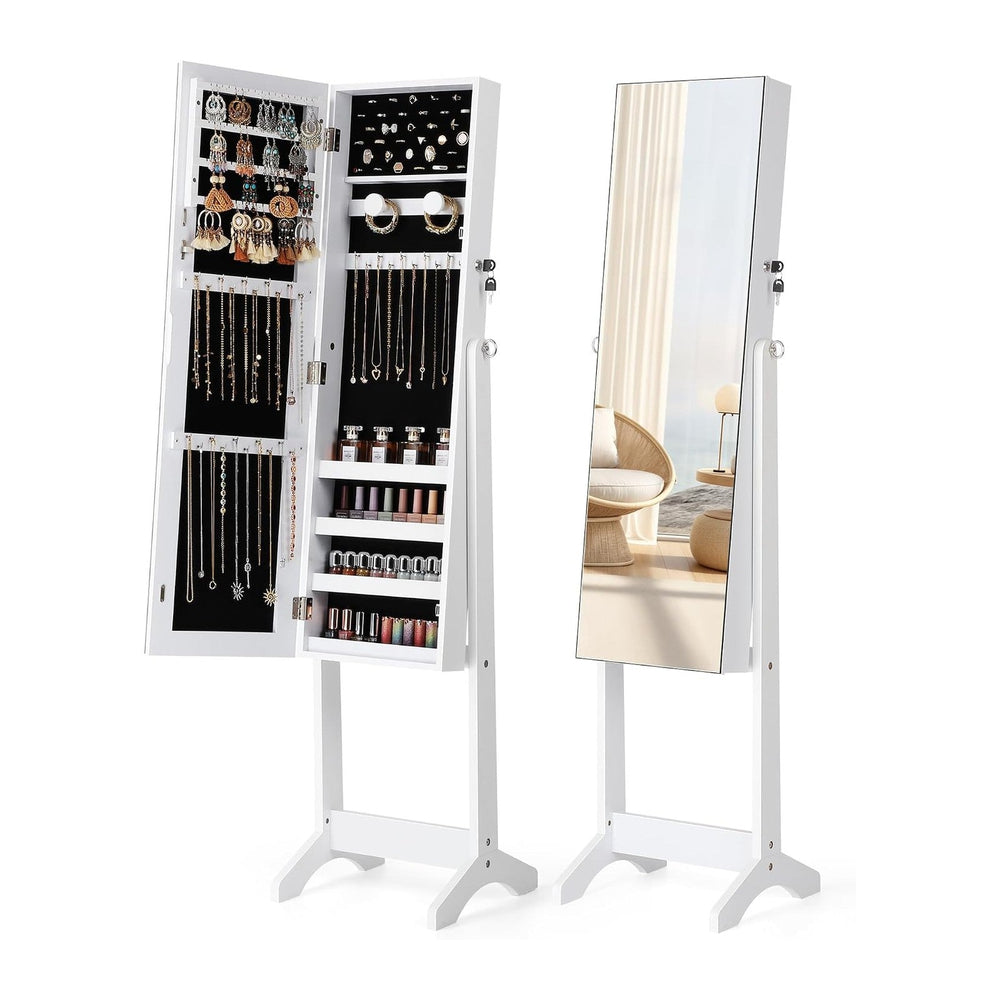 Nicetree Freestanding Jewelry Cabinet, Full Length Mirror, Moon White