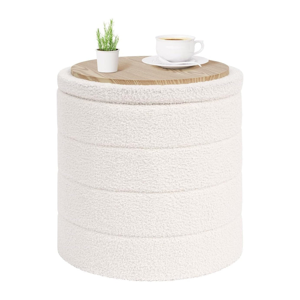 PINPLUS Round Storage Ottoman Foot Rest Stool with Tray Velvet Sherpa Folding...