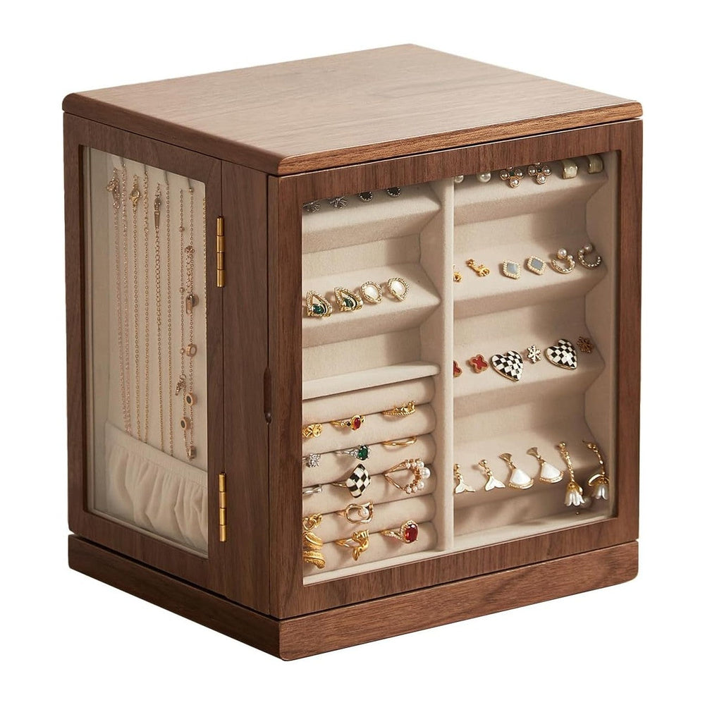 Rotating Black Walnut Wooden Jewelry Box for Women, 5 Layer