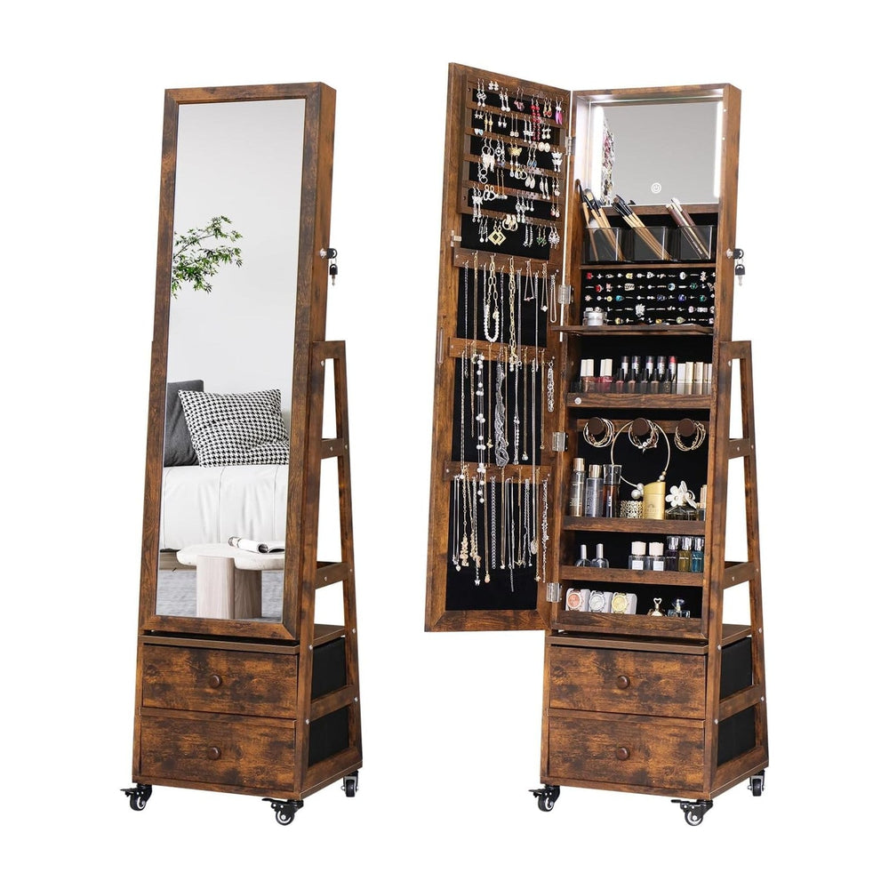 Rotating Jewelry Cabinet with Vanity Mirror Jewelry Armoire Lockable