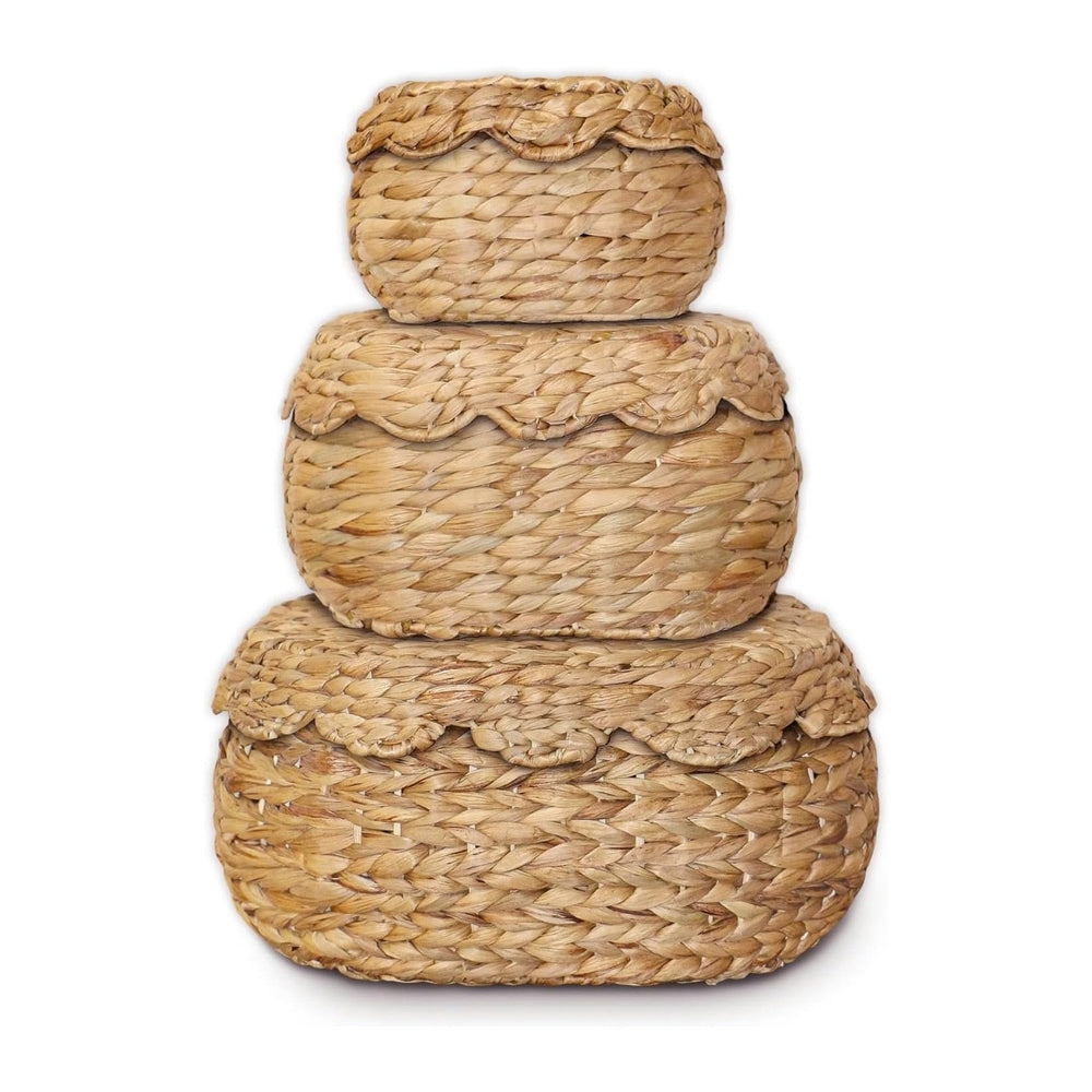 Scalloped Basket Set of 3 with Lids, Bread Basket, Natural