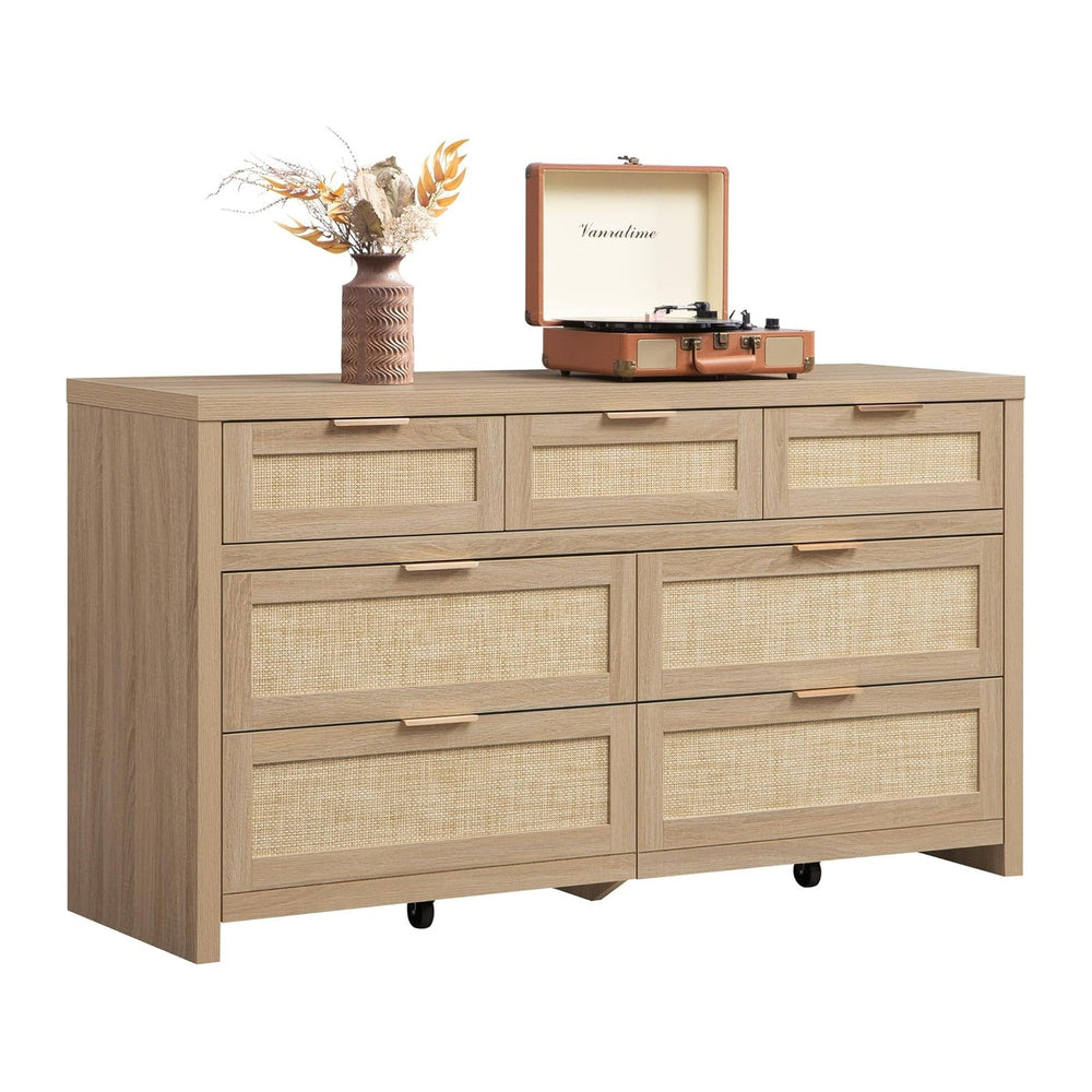 SICOTAS 7 Drawer Rattan Dresser for Bedroom, 57" Wide Dresser