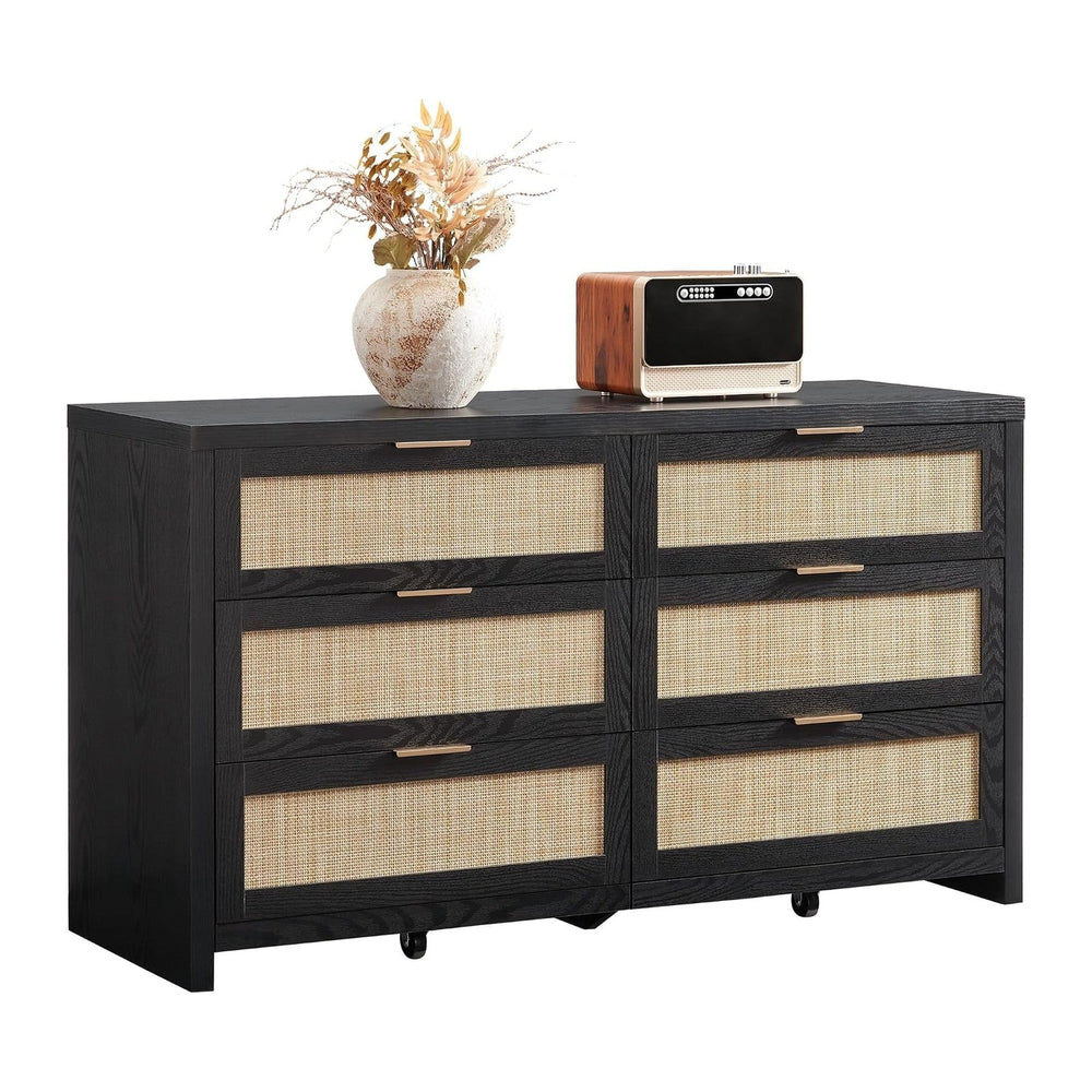 SICOTAS Rattan Dresser for Bedroom, 57" Wide 6 Drawer Dresser