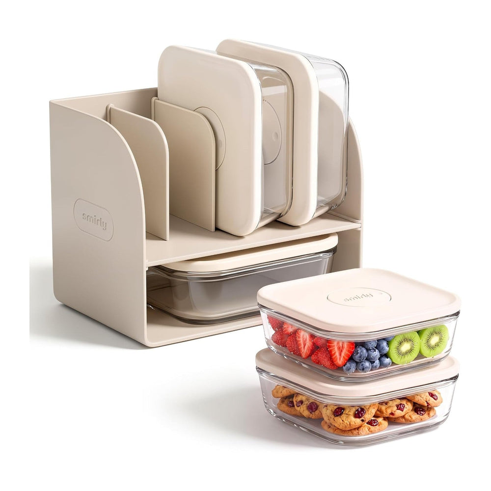 SMIRLY Glass Food Storage Containers with Lids & Organizer, 5-Pack, Cream