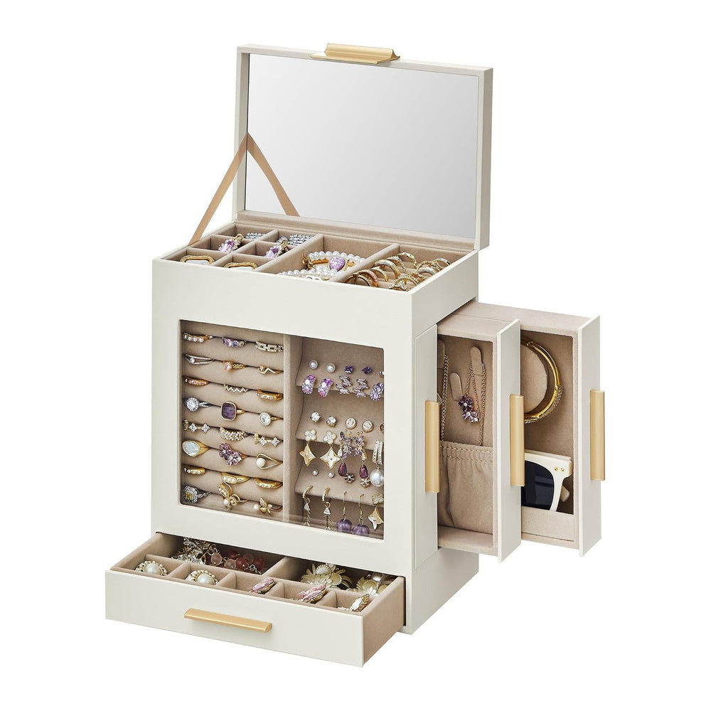 SONGMICS 5-Layer Jewelry Box with Glass Window, 3 Side Drawers