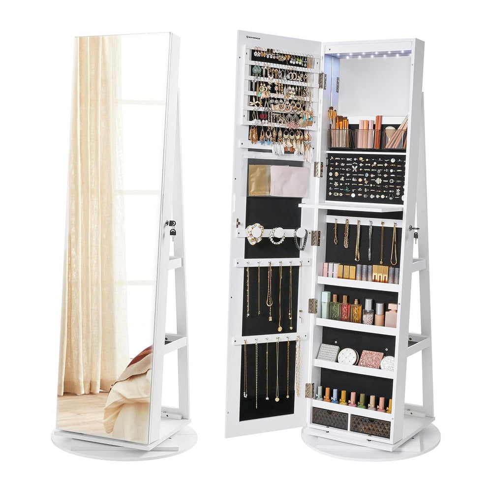 SONGMICS 6 LEDs Mirror Jewelry Cabinet Organizer, 360° Swivel, Lockable