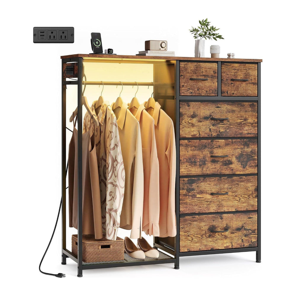 SONGMICS Dresser with Hanging Rod, Closet Organizer with 6 Fabric Drawers