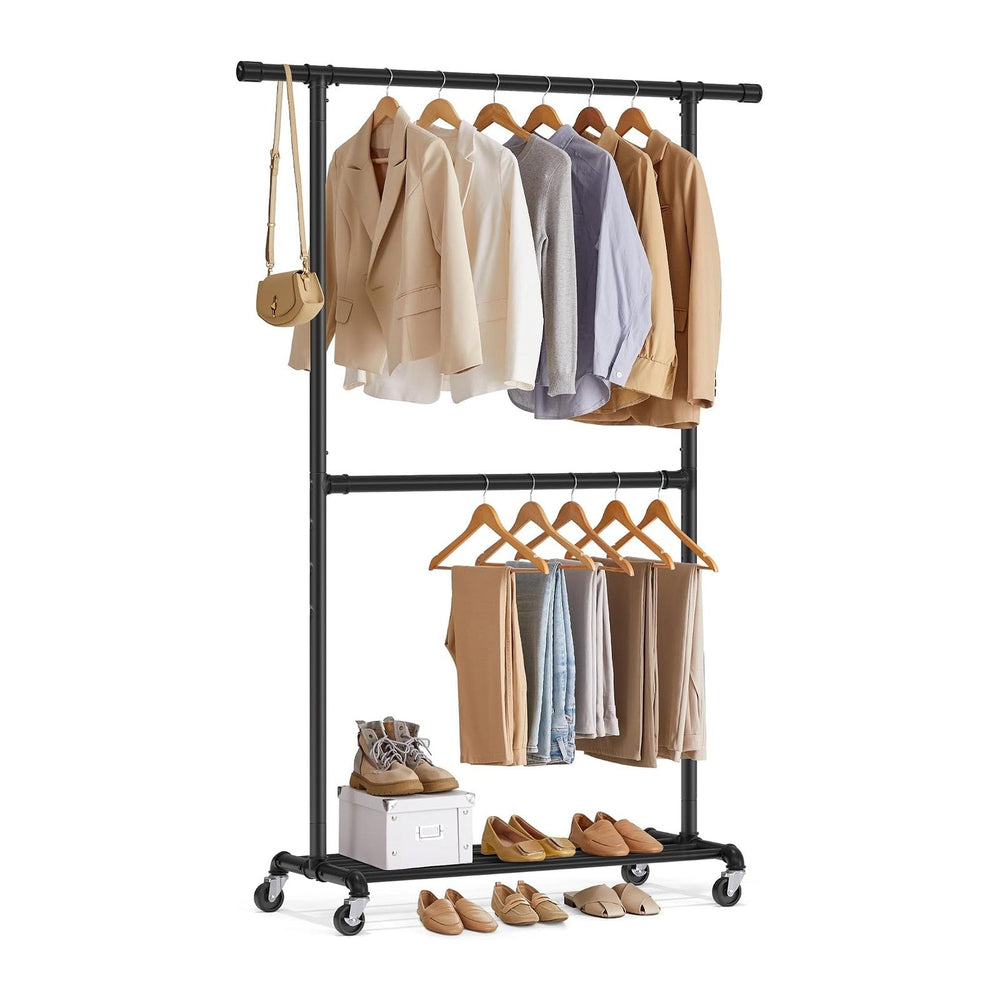 SONGMICS Heavy-Duty Clothes Rack, Double-Rod, Metal Frame on Wheels
