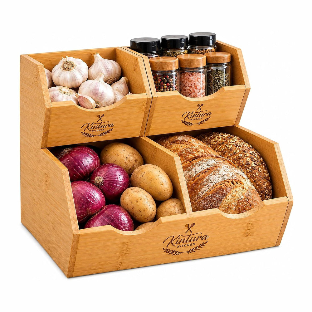 Stackable Bamboo Pantry Storage Bins, Potato Onion Storage Organizer, 3-Tier ...