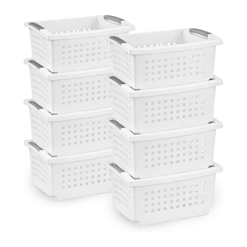 Sterilite 8 Pack Medium Stacking Basket, Open Top Storage Bin with Handles, W...