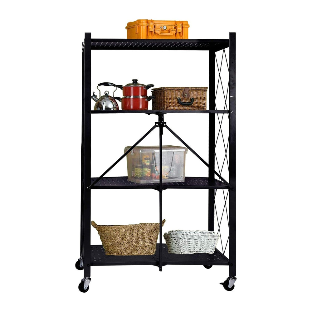 Storage Shelving Unit with Wheels, 4-Tier Perforated Sheet Layer Foldable Met...