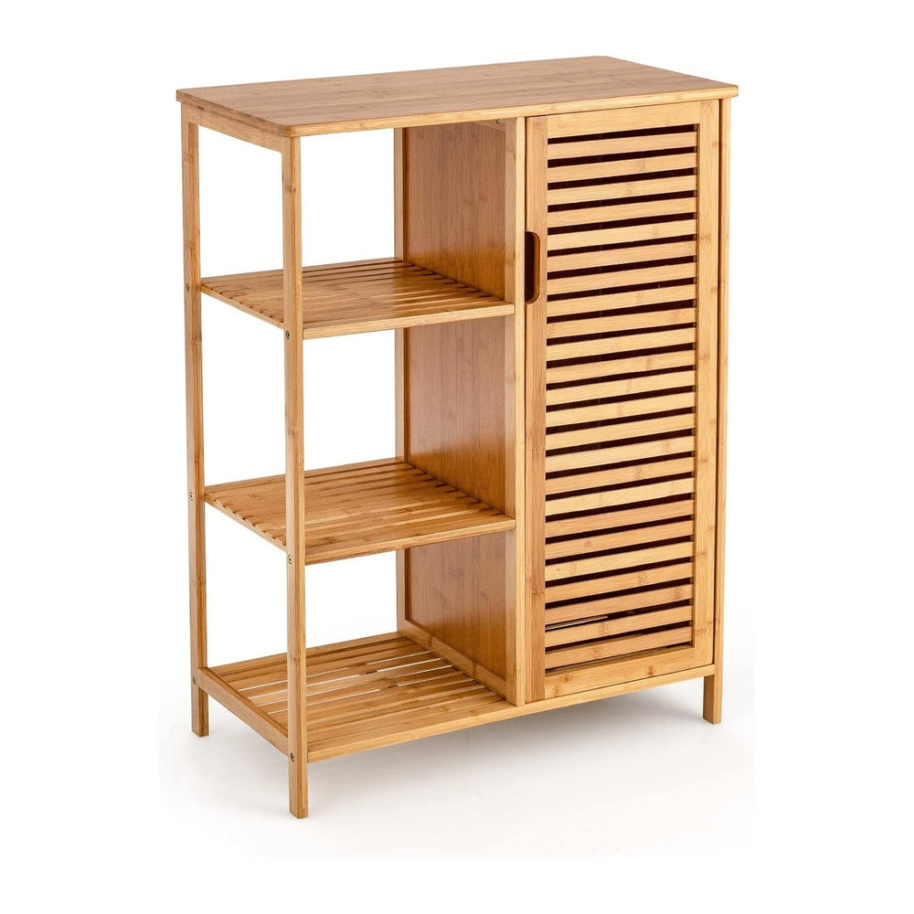 Tangkula Bamboo Bathroom Floor Cabinet, Storage Cabinet with Shutter Door and...