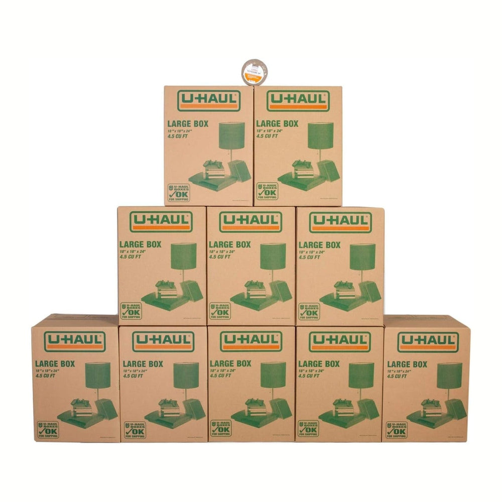 U-Haul Large Moving Boxes - Pack of 10 Boxes - 18” x 18” x 24”- Bonus Roll of...
