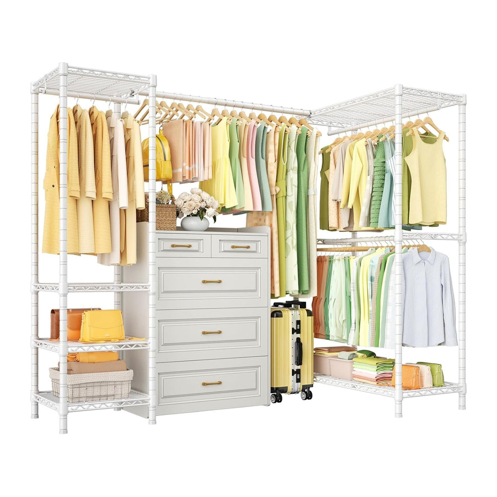 ULIFHOME E10L L-Shaped Clothes Rack for Corner(With Expandable Hanger Rod)Hea...