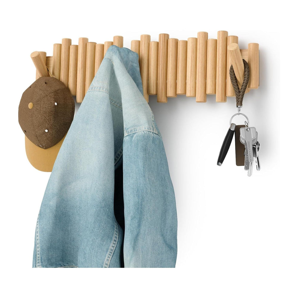 Umbra Picket Coat Rack with 8 Hooks – Natural Wall-Mounted Coat Rack with Fli...