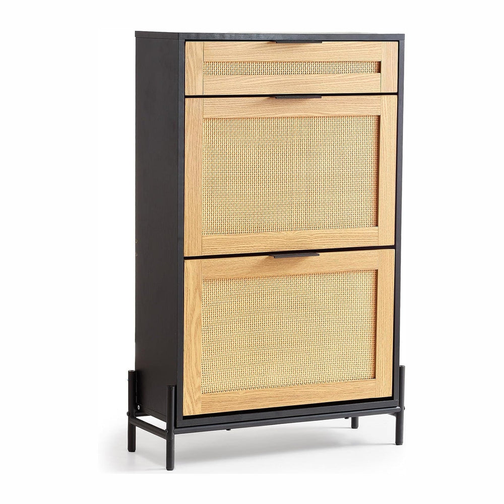 VEVOR Rattan Shoe Cabinet, Narrow Shoe Storage Organizer with 2 Flip Rattan D...