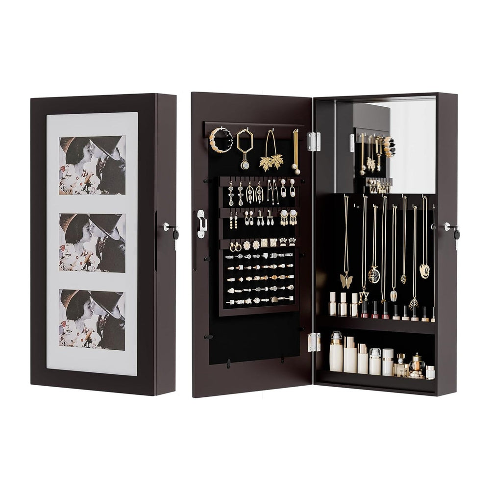 VINGLI Brown Wall-Mounted Jewelry Organizer for Women, 3-in-1 Photo Frame, Mi...