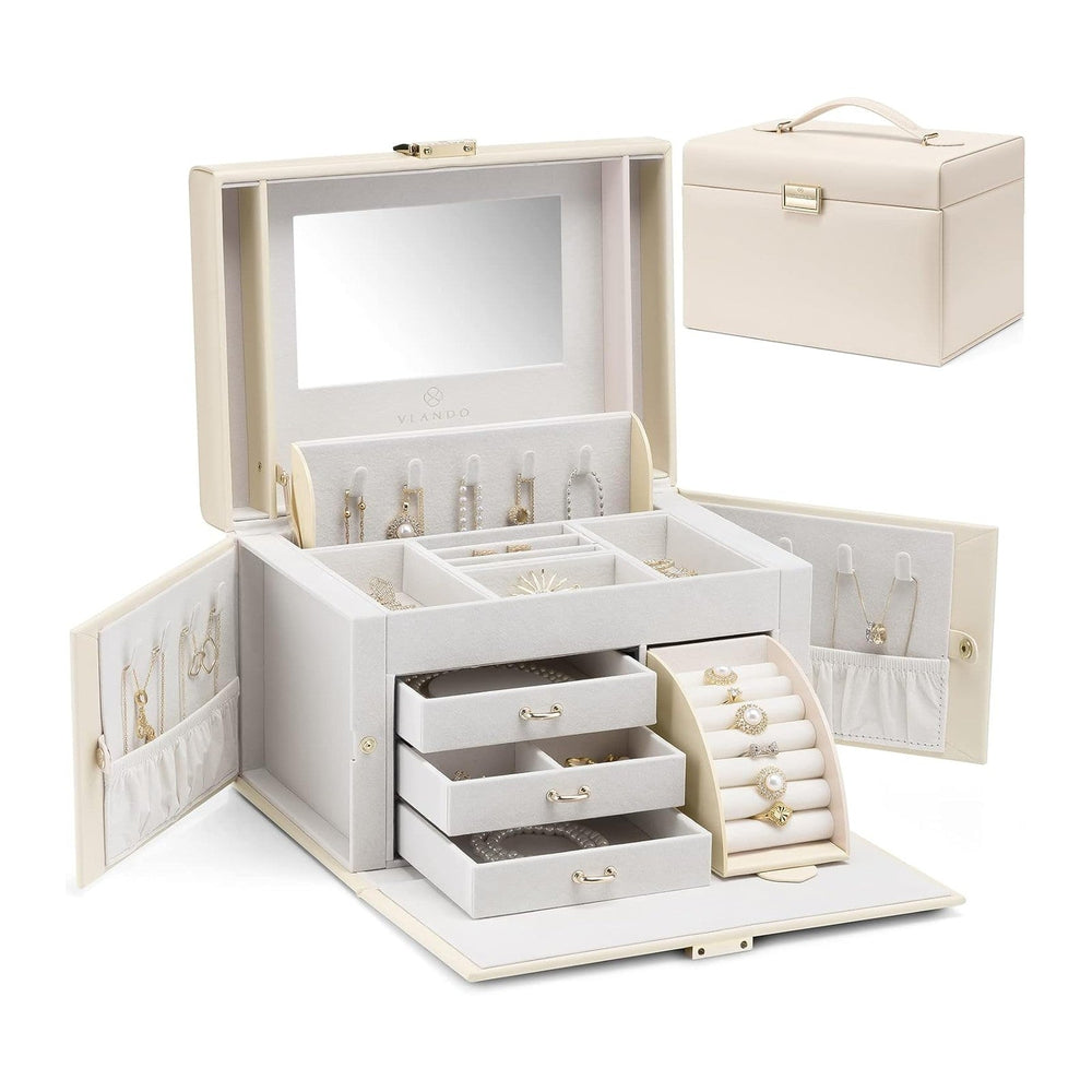 VLANDO Jewelry Box for Girls with Mirror and 3 Drawers,Apricot White