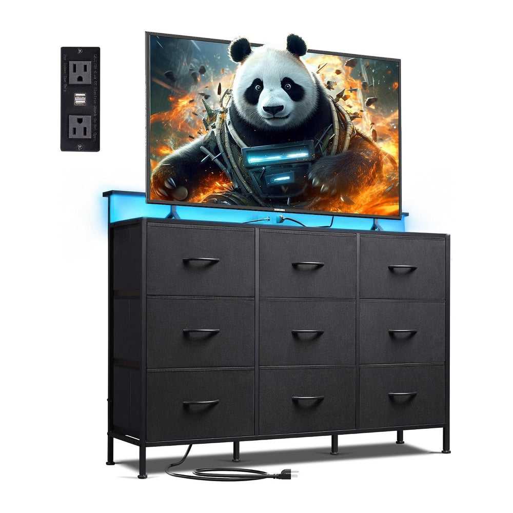 WLIVE Black Dresser TV Stand 9 Drawers, Fabric Chest of Drawers LED Lights