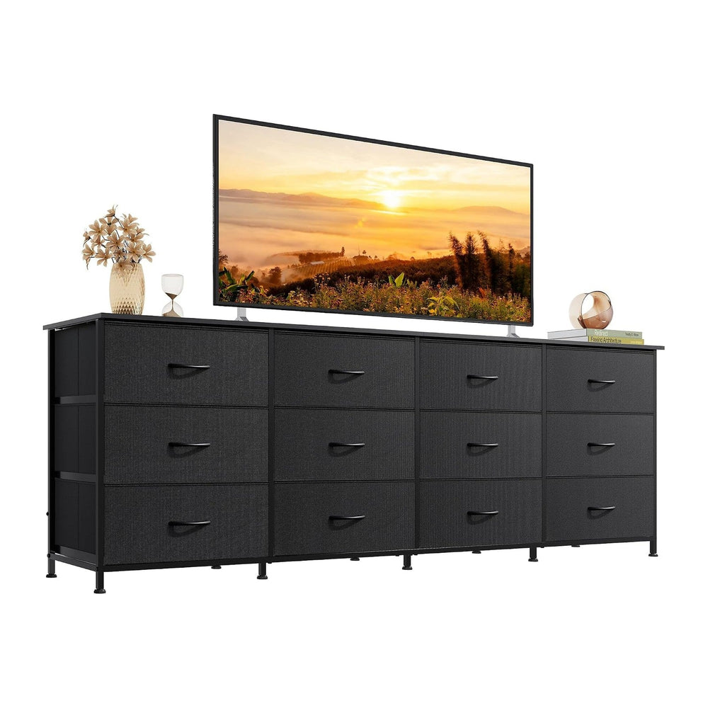 WLIVE Long Dresser TV Stand for 85 Inch TV, 12 Drawer Dresser, Black