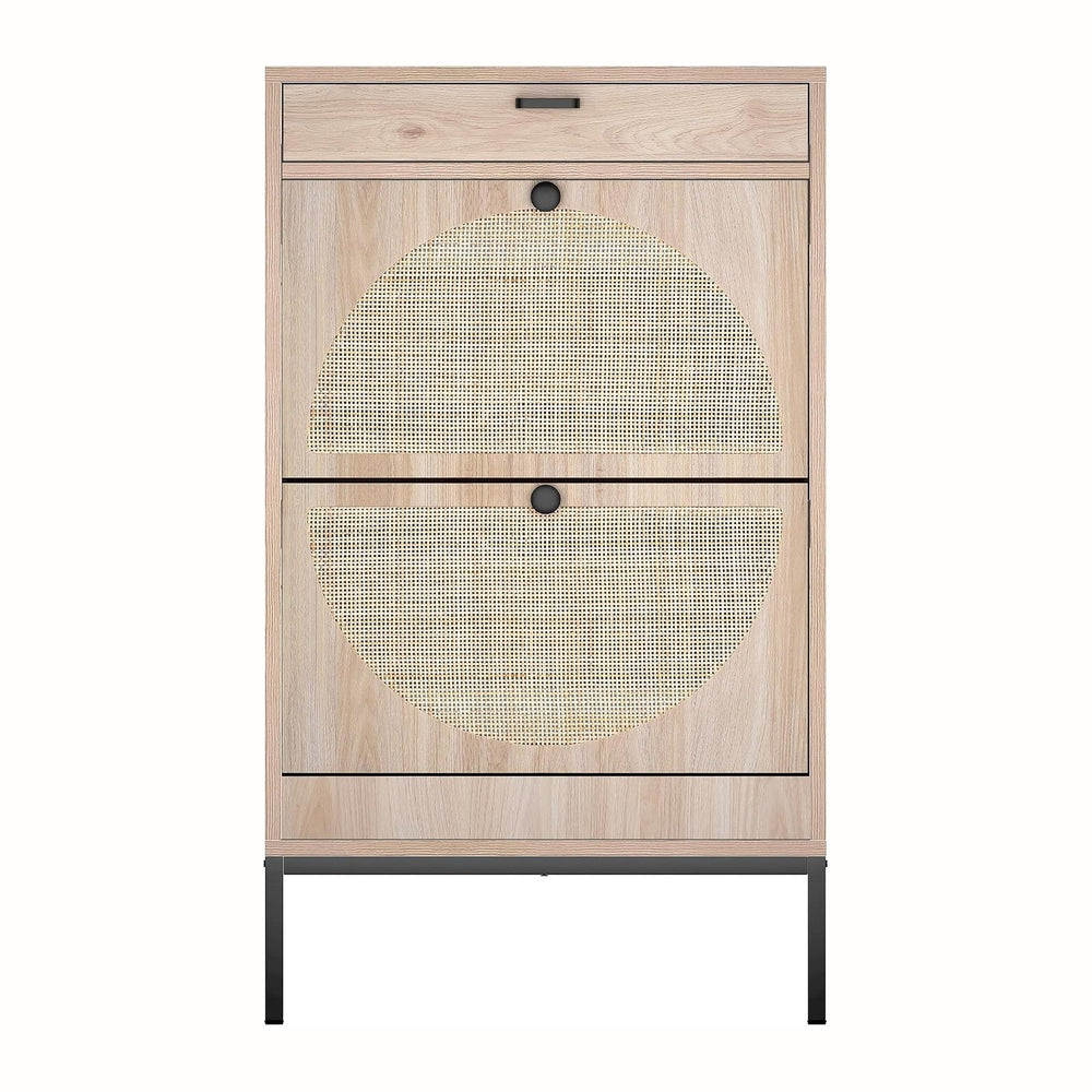 XIAO WEI Cabinet With 2 Rattan Curved Pattern Flip Drawers, Freestanding Shoe...