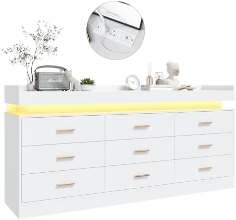 jiteentarou 9 Drawer Dresser with Charging Station and LED Lights, Modern Che...