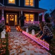 8 Pcs Light up Halloween Fence Outdoor Yard Garden, Purple,Orange
