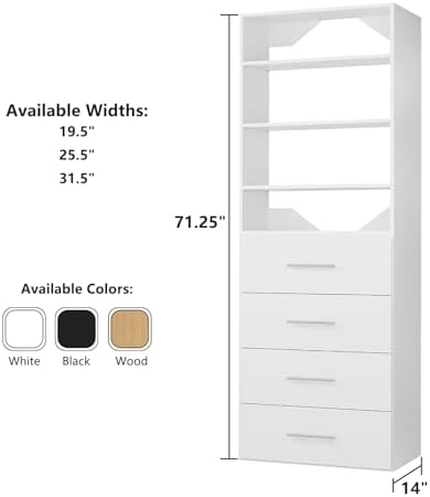 ROOMTEC Modular Closet System, 25.5" 4 Drawer Shelf Closet Tower Wall-Mo...