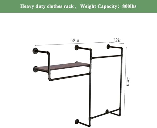 Industrial Pipe Clothing Rack, Wall Mounted Heavy Duty Garment Rack with Wood...