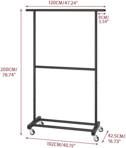 Sywhitta Double Rod Metal Clothing Garment Rack on Wheels, Black