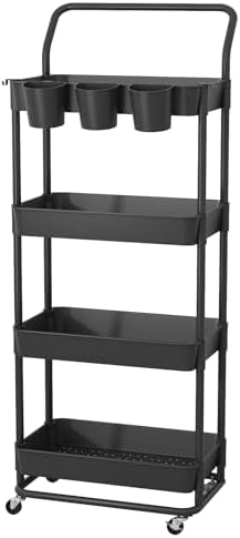 Buzowruil 4-Tier Rolling Utility Cart, Storage Cart with Handle Multi-Purpose and Locking Wheels,with Hanging Basket and Hook for Office, Kitchen, Bathroom,Black