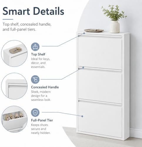 Wall Mounted Shoe Storage Cabinet, 3 Tiers 20 Inch Shoe Cabinet, White Flip-D...
