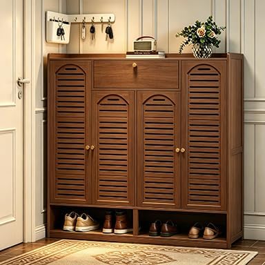 8 Tier Bamboo Shoe Cabinet - Shoe Storage Cabinet with Doors, 40-42 Pairs Bam...