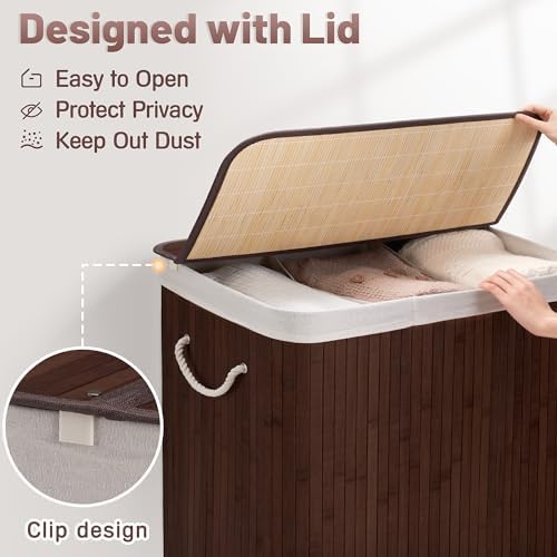 Aliphon 150L Laundry Hamper with lid, 3-Section Clothes Laundry Basket with H...