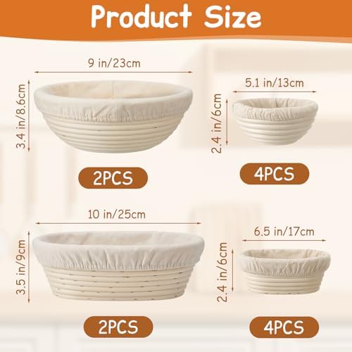 Set of 12 Banneton Bread Proofing Basket with Liner, 5-inch 9-inch Round and ...