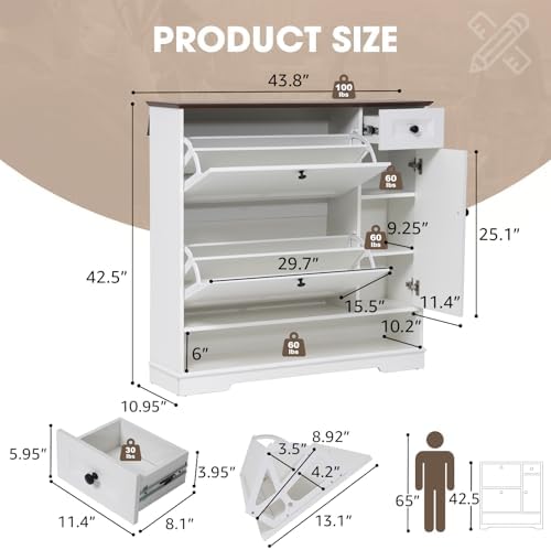 Patiorama Shoe Cabinet with 2 Flip Drawers, Side Cabinet, White