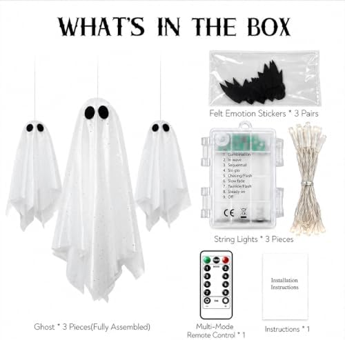 3 Pack Pre-Assembled Hanging Ghosts Halloween Decorations with Warm Glow,Ghos...