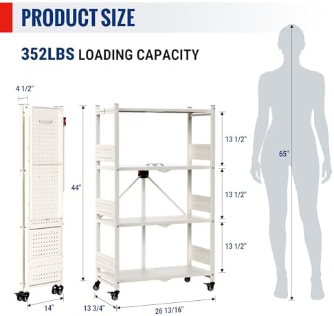 WORKPRO 4-Tier Folding Shelf, No-Assembly Metal Storage Rack with Wheels, 600...