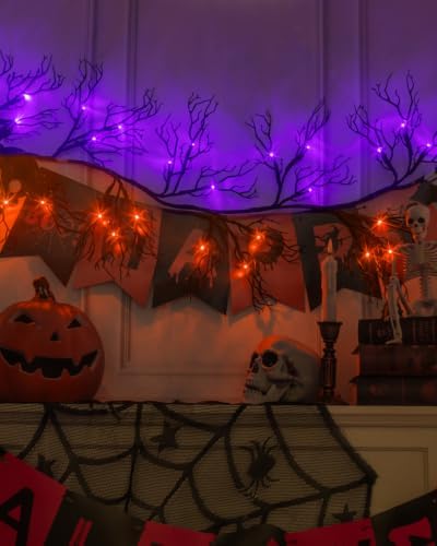 9 FT Halloween Twig Garland Decoration with 45 Purple and Orange LED Lights