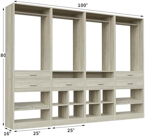 Unikito Closet System, 8.3FT Closet Organizer with 6 Wooden Drawers, Hanging ...