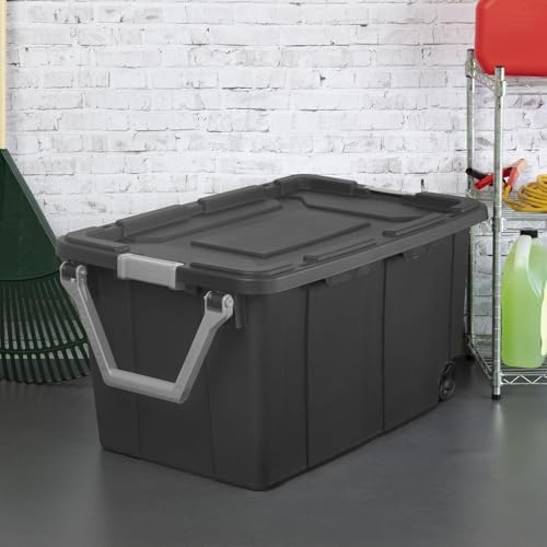 40-Gallon Industrial Storage Bin with Wheels, Heavy-Duty Resin Plastic Tool B...