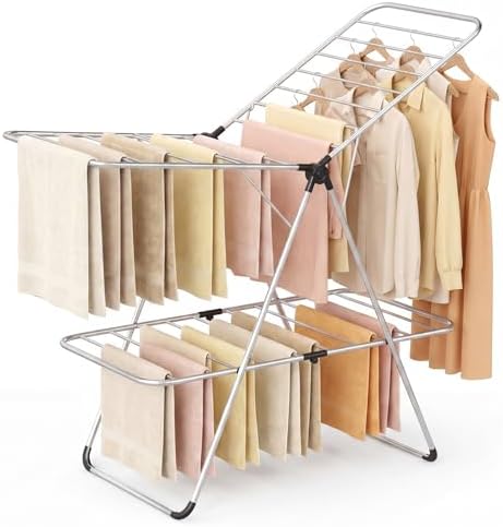 GIANTEX Foldable Clothes Drying Rack, 2-Tier Aluminum Laundry Drying Rack wit...