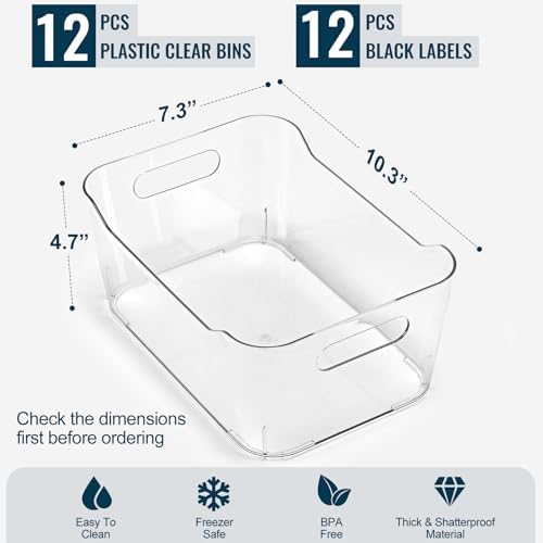 12 PACK Multi-Use Clear Plastic Storage Bins for Organizing w/Labels - Home, ...