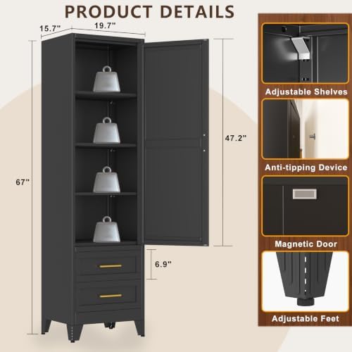 67" Tall Narrow Metal Storage Cabinet, Freestanding Pantry Organizer, Black