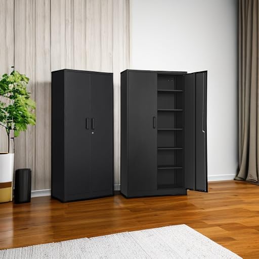 SISESOL Metal Storage Cabinet with 2 Doors and 6 Shelves,Black Metal Cabinet ...